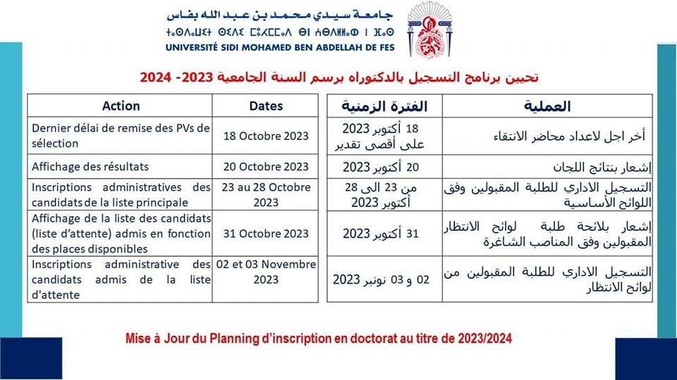 تحيين الجدولة الزمنية لعملية التسجيل بالدكتوراه 2023-2024	